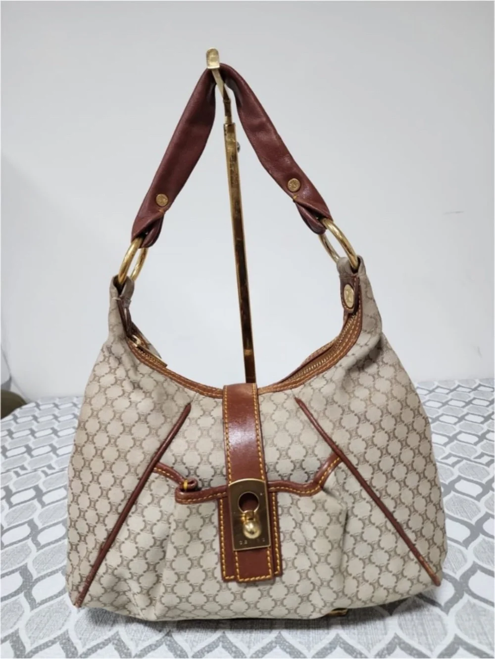 Authentic Celine Vintage Macadam Hobo Shoulder Bag Beige/Brown